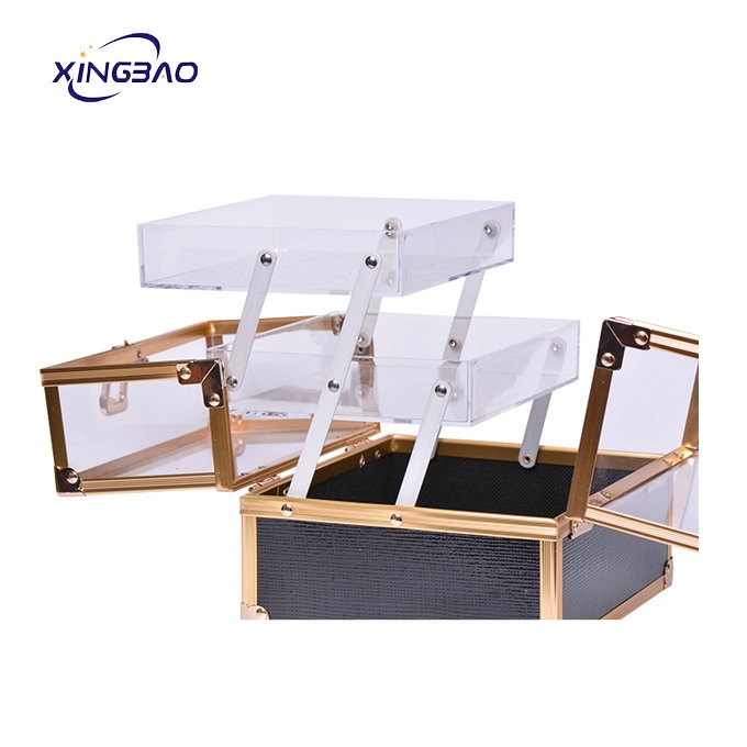 Factory Hot Sale Double Open Rose Gold Beauty Transparent 2 Tray Box Professional Small Acrylic Cosmetic Case