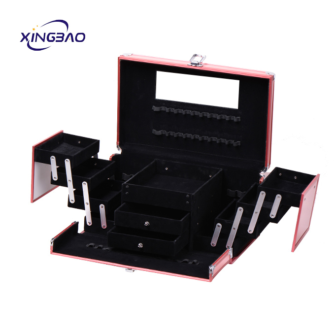 Case Beauty Drawer Smooth Portable Pink Mirror Travel Aluminum Makeup Train Case