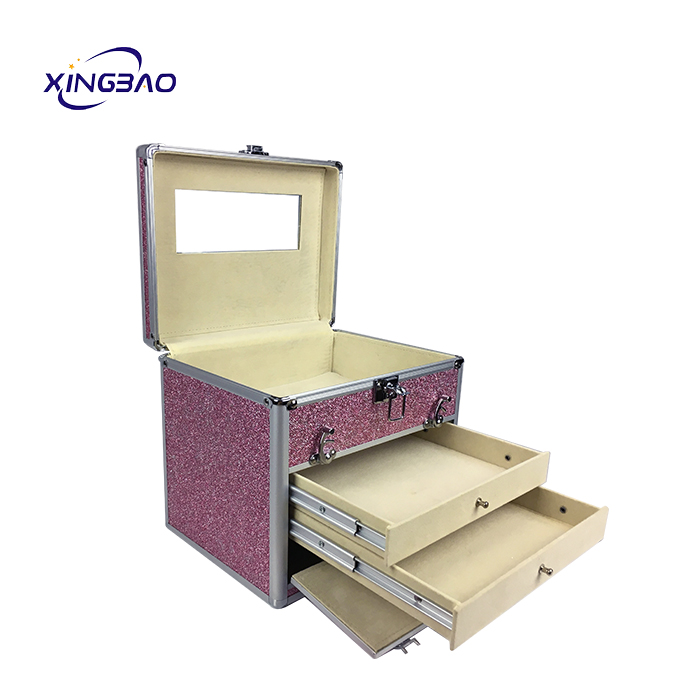 Custom Aluminum Cosmetic Box Shining Drawer Portable Pink Makeup Vanity Case
