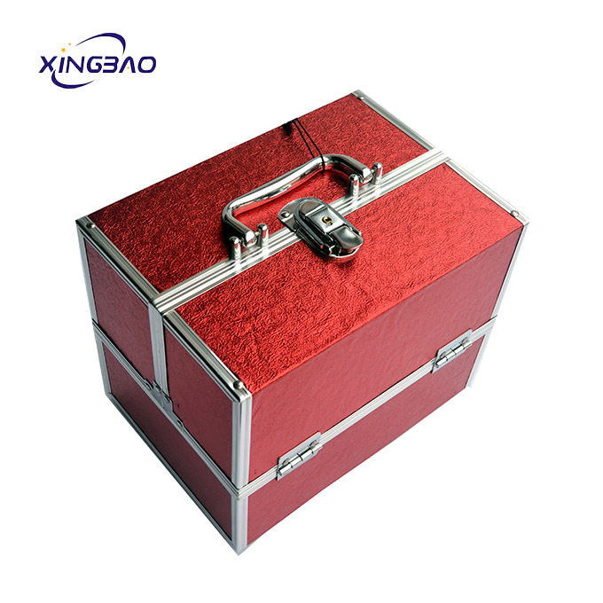 Customizable red plaid pattern aluminum double open hard cosmetic case