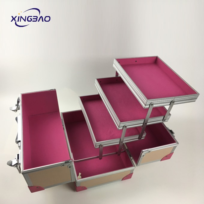 Honorable Aluminum London Lockable Multi-Functional Women Pink Portable Beauty Makeup Boxes with 3trays