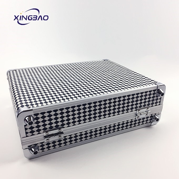 Black And White Plaid Pattern Aluminum Makeup Cosmetic Case With Mirror