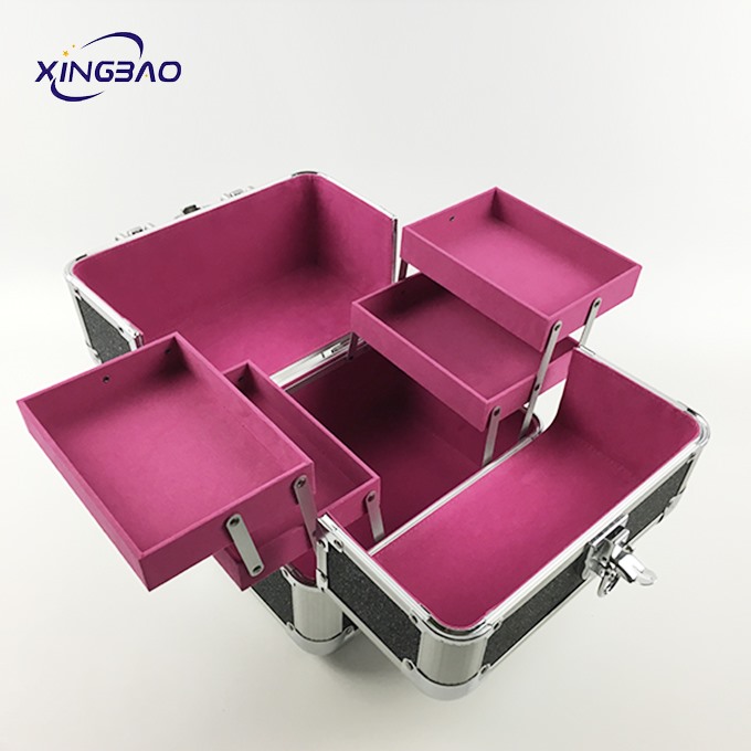 Black portable aluminum travel partible makeup suitcase for girls