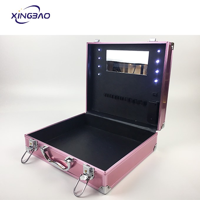 Pink Aluminum Travel Makeup Cosmetic Case With Lights And Mirror