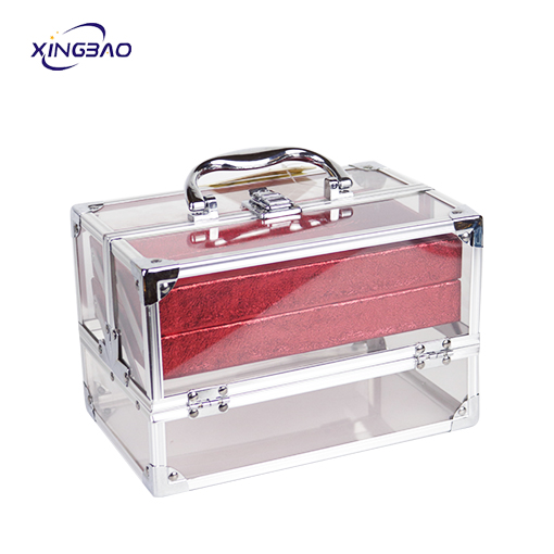customized Red Double open beauty display  transparent rectangle  clear acrylic cosmetic case