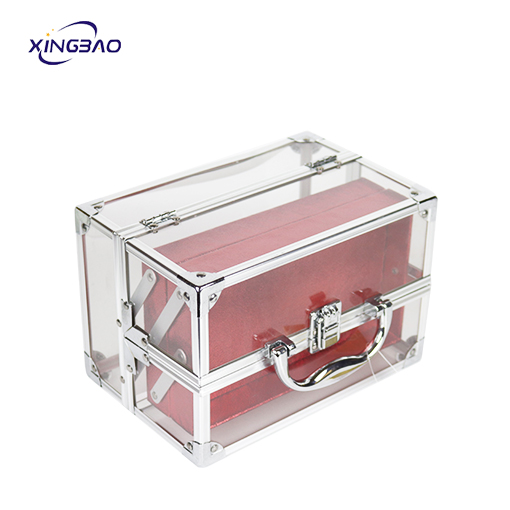 customized Red Double open beauty display  transparent rectangle  clear acrylic cosmetic case