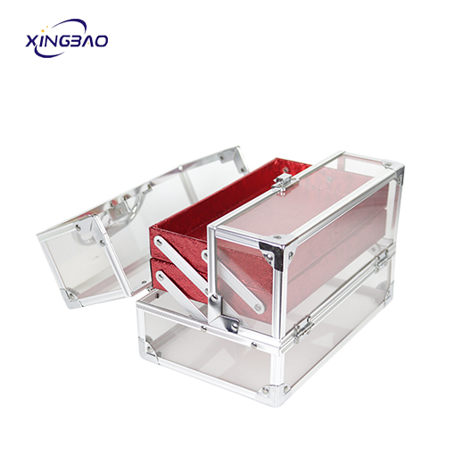 customized Red Double open beauty display  transparent rectangle  clear acrylic cosmetic case