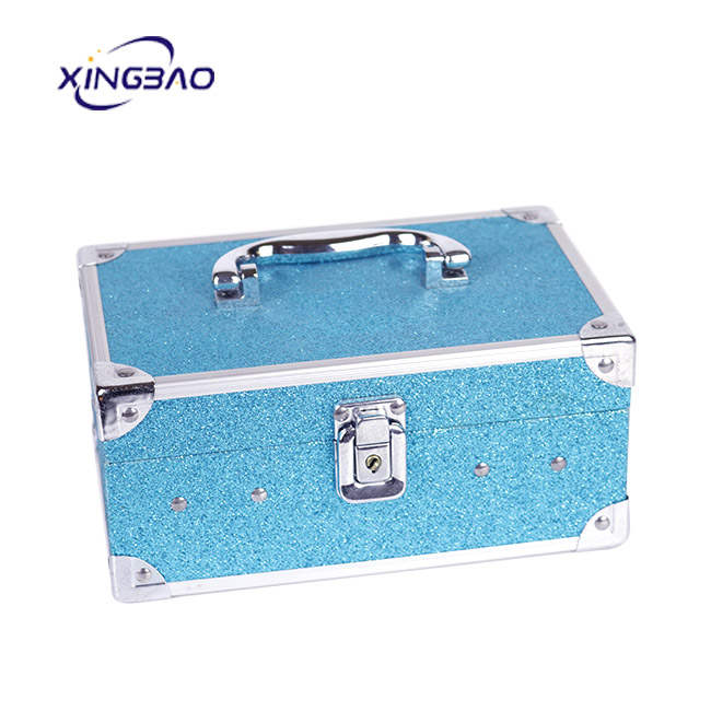 Makeup Aluminum case box Blue flannel Double mini professional rose gold makeup vanity box cosmetic suitcase with lights mirror