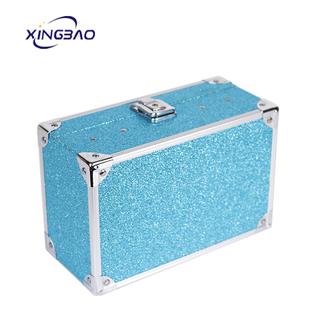 Makeup Aluminum case box Blue flannel Double mini professional rose gold makeup vanity box cosmetic suitcase with lights mirror