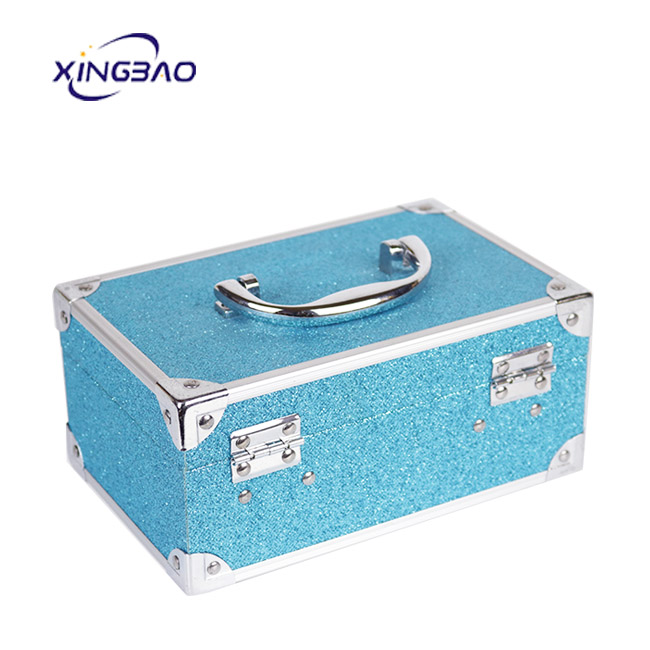 Makeup Aluminum case box Blue flannel Double mini professional rose gold makeup vanity box cosmetic suitcase with lights mirror